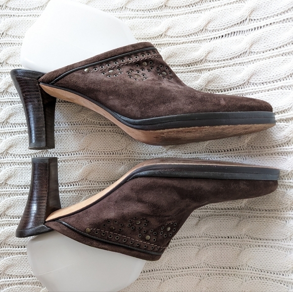 Cole Haan Leather Mules Slip On Heels Shoes 9 Brown Studded‎ Grommets - Picture 5 of 14